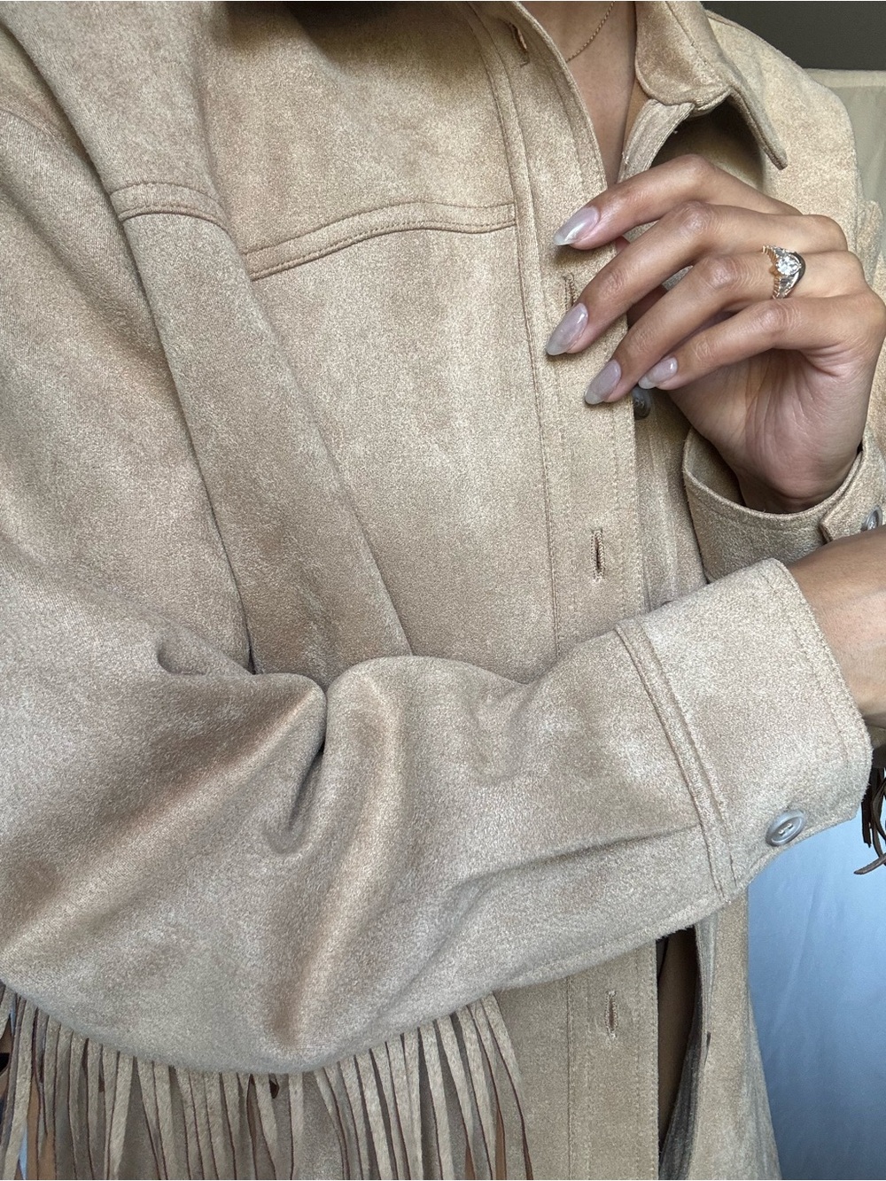 Beige Suede Fringe Button-Front Leather Jacket - Picture 4 of 6